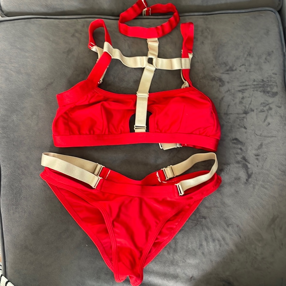 Red strappy two piece pole set